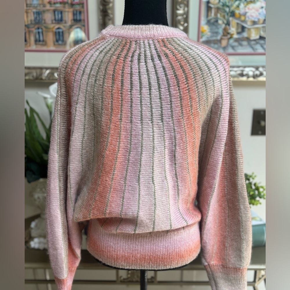 MOLLY BRACKEN PINK ORANGE STRIPED OMBRÉ PASTEL BATWING KNITTED SWEATER SZ S NWOT - Picture 9 of 10